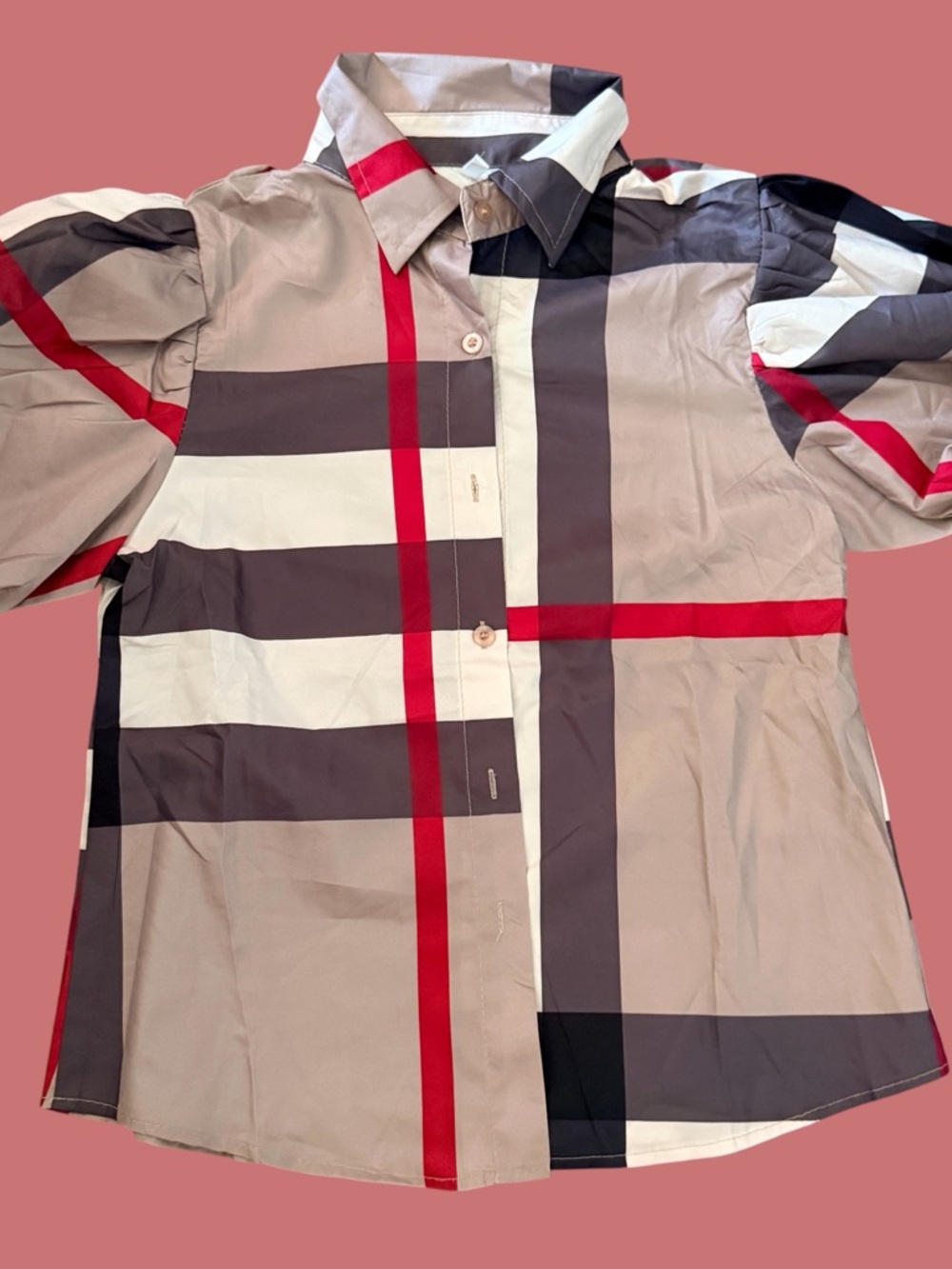 Classic Check Cotton Button-Up Shirt in Beige and Red - size small
